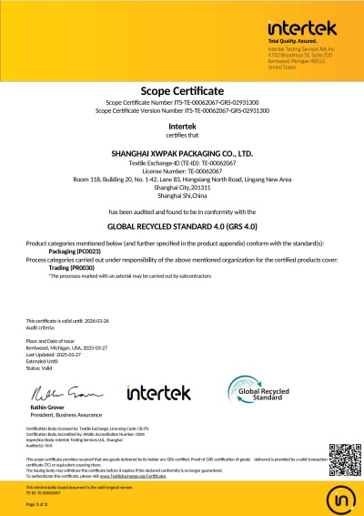Intertek GRS 4.0 Recycled Standard Certification Certificate No.: <b>ITS-TE-00062067-GRS-02931300</b>