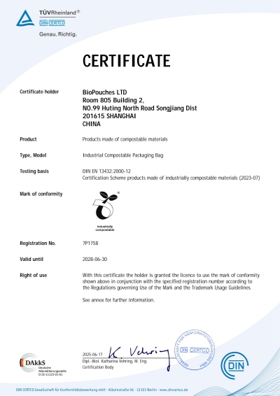 T&Uuml;V Rheinland DIN EN 13432 Registration No.: <b>7P1758</b>